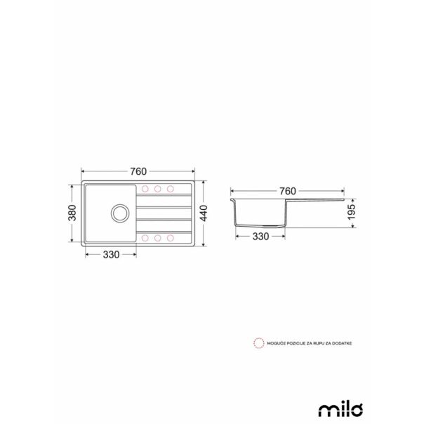Milo Granitna sudopera Metro 76x44cm Diamond grey ø90 - MET.D.1KDO