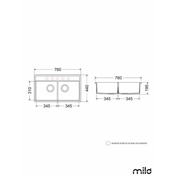 Milo Granitna dupla sudopera Metro 76x44cm Pure sand ø90 - MET.P.2KBO