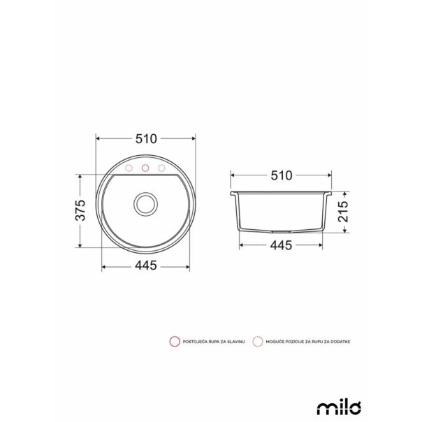 Milo Granitna sudopera Essence Ø51cm Diamond grey sifon ø90 - ESS.D.1KBO