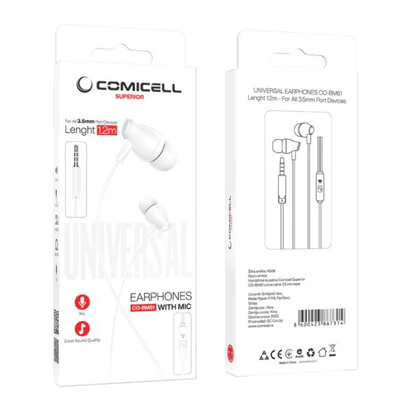 COMICELL Slušalice za telefon Superior CO-BM61 univerzalne 3.5 mm, bela - H506