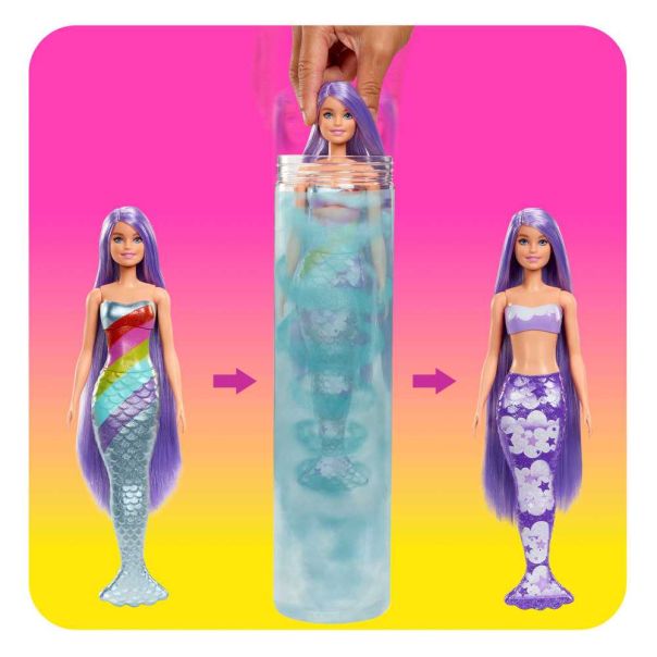 Barbie Color Reveal Sirena – Muñeca Que Cambia De Color Con Agua, Pelo Con Efecto Sorpresa, Incluye Cola, Diadema Y Accesorios, Regalo Para Niños +3 Años