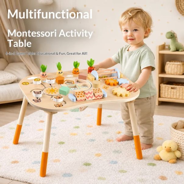 Dečiji aktivni sto KINDER HOME, Montesori igraonica 6 u 1, puno drvo - EP3265203