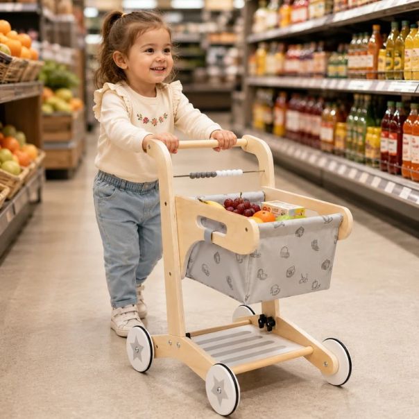 Drvene hodalice za bebe KINDER HOME, kolica za kupovinu sa korpom, igračka za guranje, Montesori - EP3265209