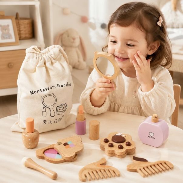 Dečiji drveni kozmetički set KINDER HOME, šminka za igru uloga, torba, Montesori - EP3265212