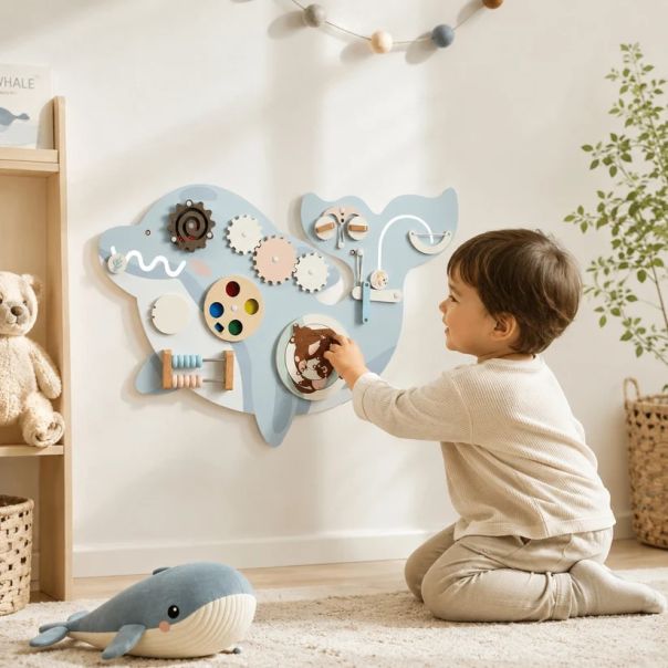 Dečija drvena tabla za aktivnosti KINDER HOME, delfin za zid, Montesori brod - EP3265215