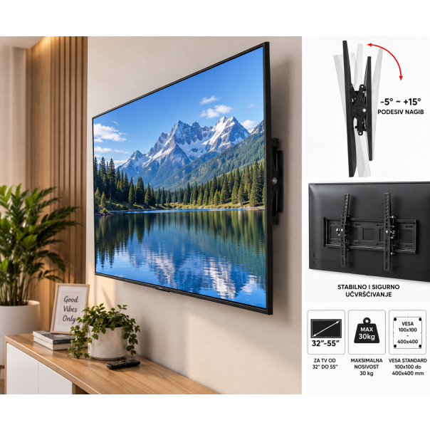 MKS Zidni nosač za TV 32–55 inča HT-002 – podesivi nagib, do 30 kg - EP3315383