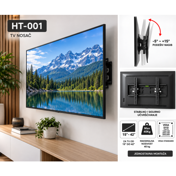 MKS Zidni nosač za TV 15–42 inča HT-001 – podesivi nagib, do 40 kg - EP3315377