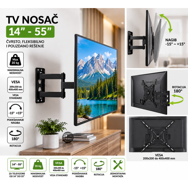 MKS Zidni nosač za TV 14–55 inča CP304 – zglobni, podesivi, do 35 kg - EP3315374