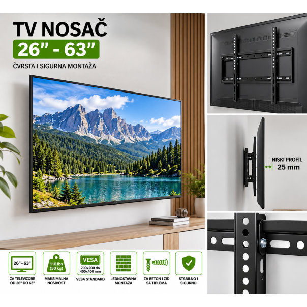 MKS Zidni nosač za TV 26–63 inča 179307 – fiksni, do 50 kg - EP3315380