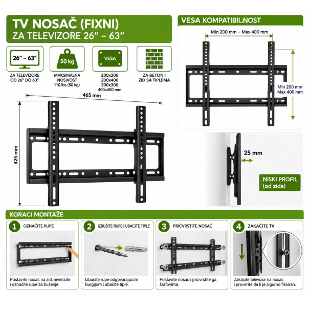 MKS Zidni nosač za TV 26–63 inča 179307 – fiksni, do 50 kg - EP3315380