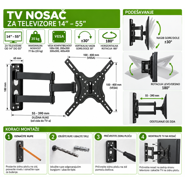 MKS Zidni nosač za TV 14–55 inča CP304 – zglobni, podesivi, do 35 kg - EP3315374