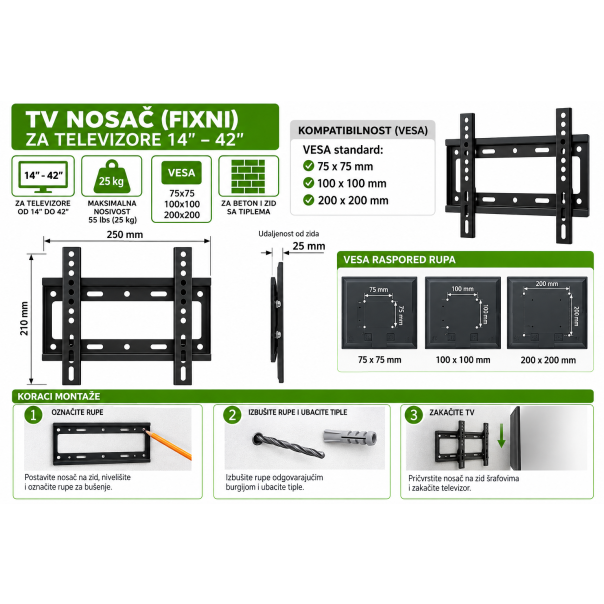 MKS Zidni nosač za TV 14–42 inča 179306 – fiksni, do 25 kg - EP3315371