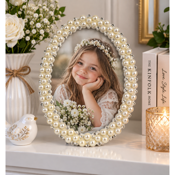 MKS Dekorativni ovalni ram za slike 704 – biserno beli sa kristalima, 13 × 18 cm - EP3315047