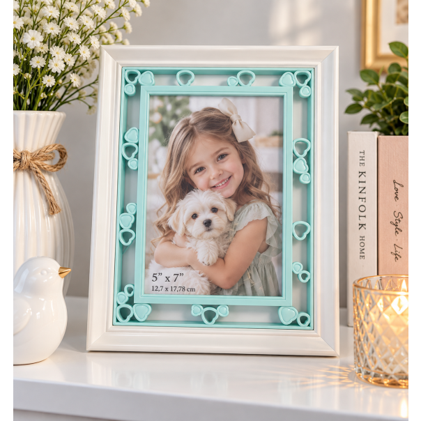 MKS Dekorativni ram za slike  – beli sa mint zelenim detaljima i srcima, 13 × 18 cm - EP3315062