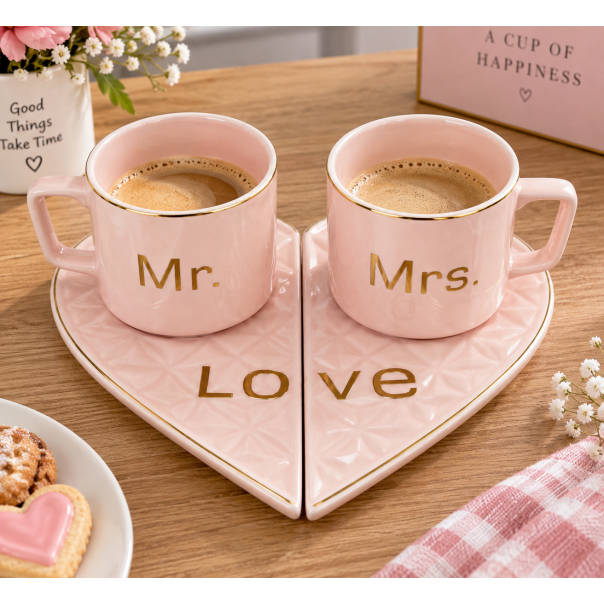 MKS Keramičke šolje za parove 2/1 sa tacnama u obliku srca – Mr. & Mrs. LOVE - EP3335717