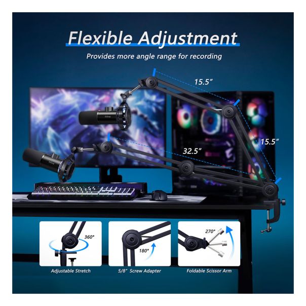 Fifine T658 USB RGB Dynamic Microphone With Boom Arm Stand - Black - EP3199514