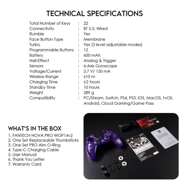 Joypad wireless Fantech WGP14V2 NOVA PRO multiplatform RGB CLEAR ljubicasti - G218221