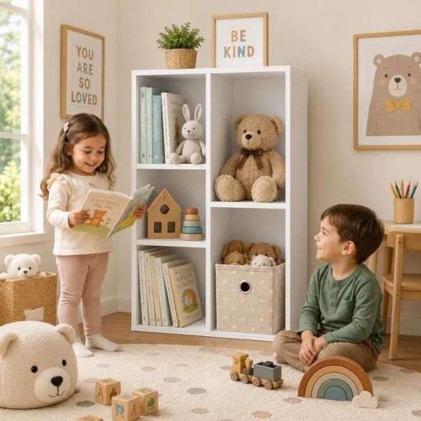 KINDER HOME Dečja polica za knjige sa 5 pregrada, beli organizator za knjige i igračke - EP3317862