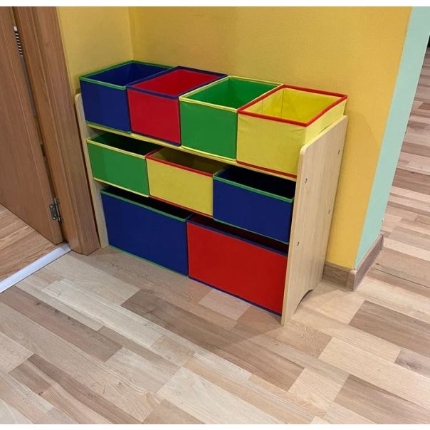KINDER HOME Dečija drvena polica sa 3 nivoa i 9 kutija šarena - JVTR-3090