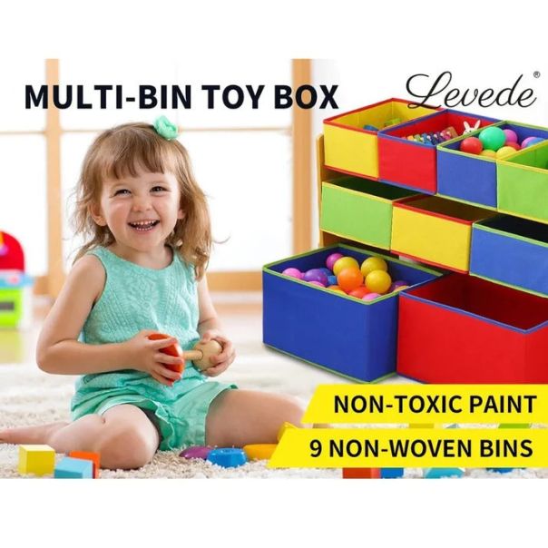 KINDER HOME Dečija drvena polica sa 3 nivoa i 9 kutija šarena - JVTR-3090