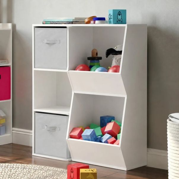 KINDER HOME Dečija polica za knjige, organizator za knjige i igračke sa 2 tekstilne kutije, bela - EP3317865