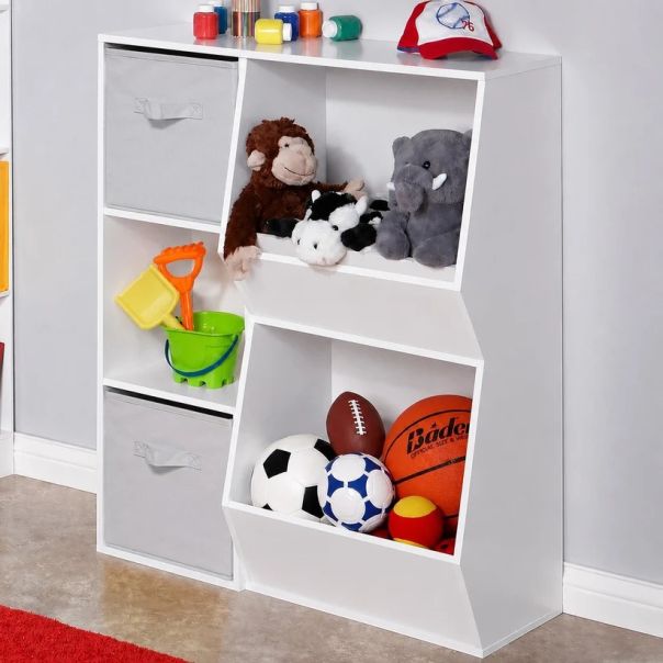 KINDER HOME Dečija polica za knjige, organizator za knjige i igračke sa 2 tekstilne kutije, bela - EP3317865