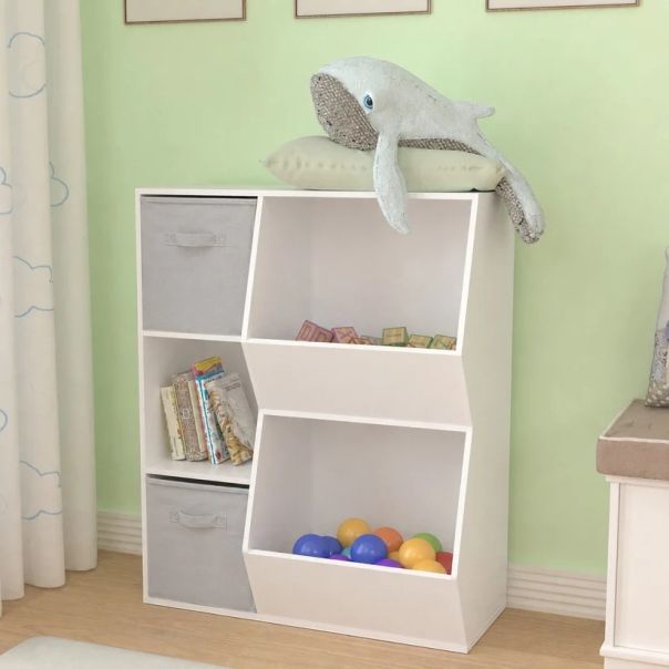 KINDER HOME Dečija polica za knjige, organizator za knjige i igračke sa 2 tekstilne kutije, bela - EP3317865