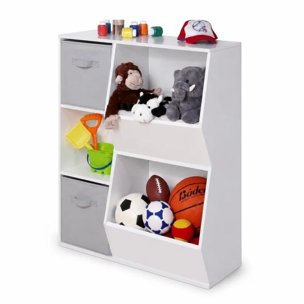 KINDER HOME Dečija polica za knjige, organizator za knjige i igračke sa 2 tekstilne kutije, bela - EP3317865