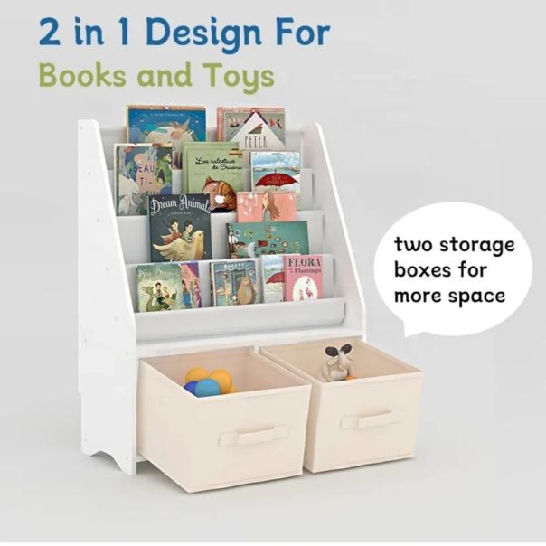 Dečiji drveni organizator 2 u 1, polica za knjige i kutije za odlaganje igračaka - JVTR-3317