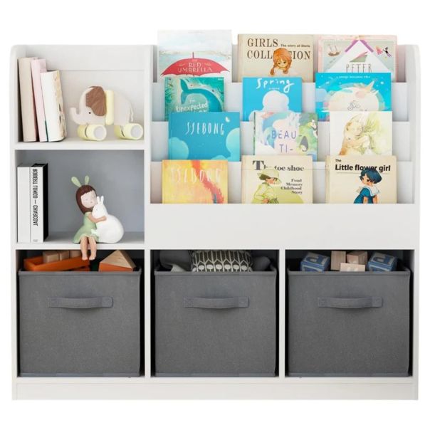 Dečiji organizator KINDER HOME,  3 tekstilne kutije, drveni, beli, Montesori - JVTR-3458