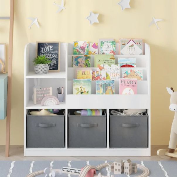 Dečiji organizator KINDER HOME,  3 tekstilne kutije, drveni, beli, Montesori - JVTR-3458