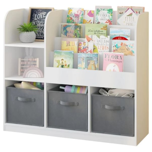 Dečiji organizator KINDER HOME,  3 tekstilne kutije, drveni, beli, Montesori - JVTR-3458