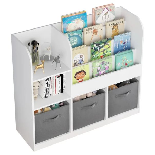 Dečiji organizator KINDER HOME,  3 tekstilne kutije, drveni, beli, Montesori - JVTR-3458