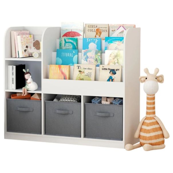 Dečiji organizator KINDER HOME,  3 tekstilne kutije, drveni, beli, Montesori - JVTR-3458
