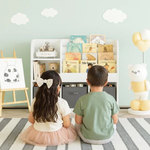Dečiji organizator KINDER HOME,  3 tekstilne kutije, drveni, beli, Montesori - JVTR-3458
