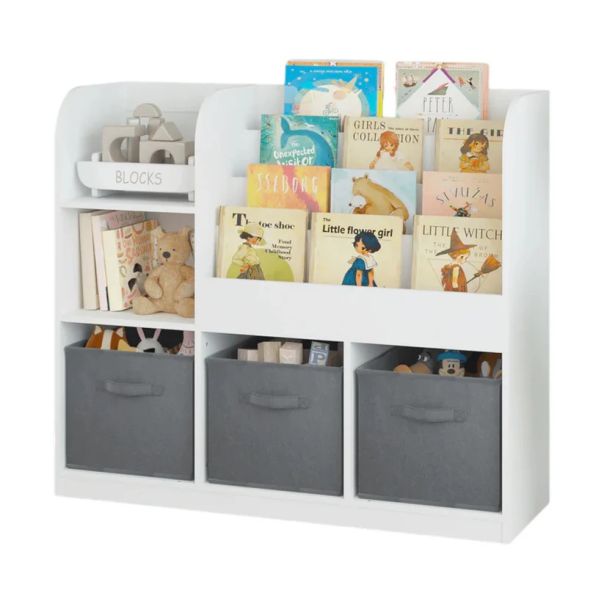 Dečiji organizator KINDER HOME,  3 tekstilne kutije, drveni, beli, Montesori - JVTR-3458