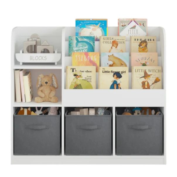 Dečiji organizator KINDER HOME,  3 tekstilne kutije, drveni, beli, Montesori - JVTR-3458