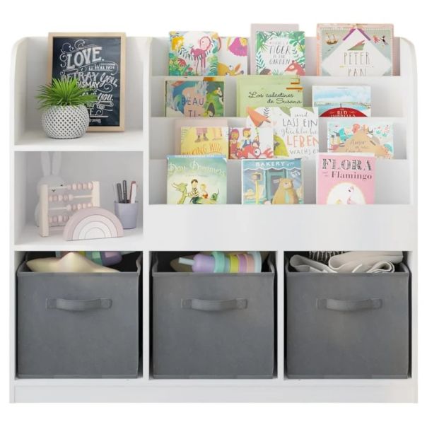 Dečiji organizator KINDER HOME,  3 tekstilne kutije, drveni, beli, Montesori - JVTR-3458