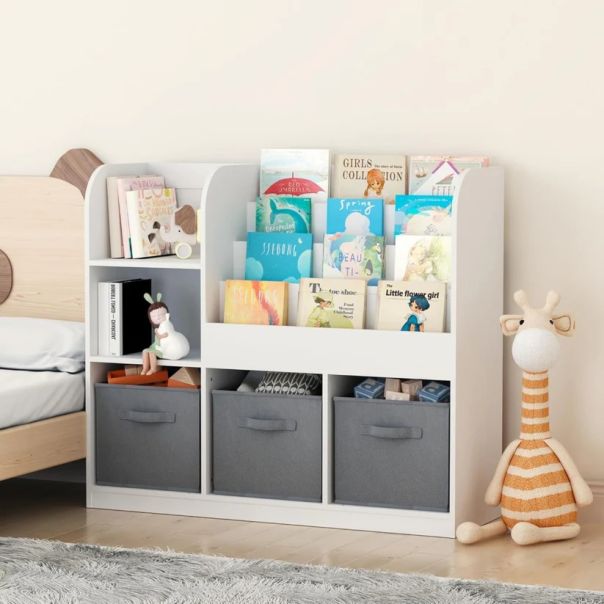 Dečiji organizator KINDER HOME,  3 tekstilne kutije, drveni, beli, Montesori - JVTR-3458