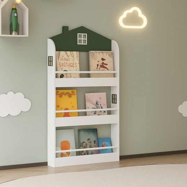 Dečija polica za knjige i igračke KINDER HOME – Kuća, 3 police, drvo - JVTR-3478