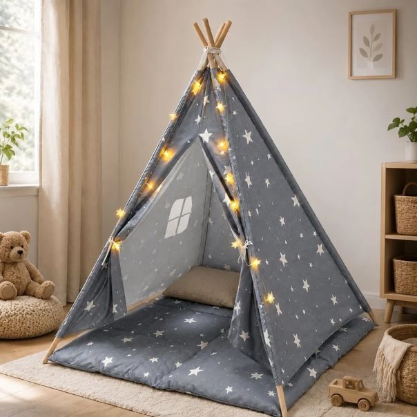 Dečiji šator KINDER HOME , 100% pamuk, sa mekom podlogom za punjenje, jastukom i LED svetlima - EP3305345