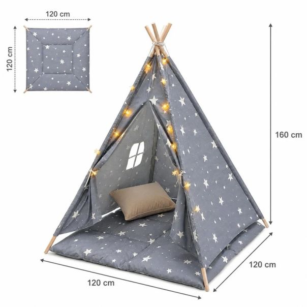 Dečiji šator KINDER HOME , 100% pamuk, sa mekom podlogom za punjenje, jastukom i LED svetlima - EP3305345