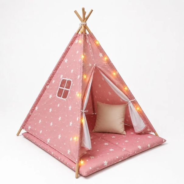 Dečiji pamučni šator KINDER HOME 100% pamuk, sa mekom podlogom za punjenje, jastukom i LED svetlima - EP3305346