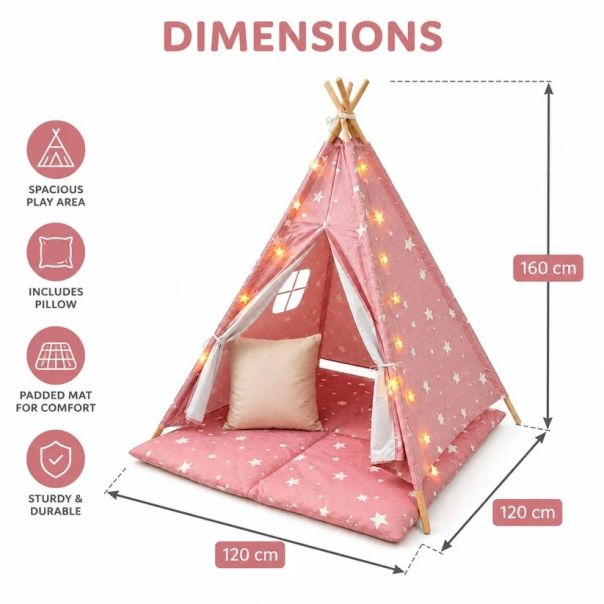 Dečiji pamučni šator KINDER HOME 100% pamuk, sa mekom podlogom za punjenje, jastukom i LED svetlima - EP3305346