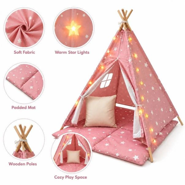 Dečiji pamučni šator KINDER HOME 100% pamuk, sa mekom podlogom za punjenje, jastukom i LED svetlima - EP3305346