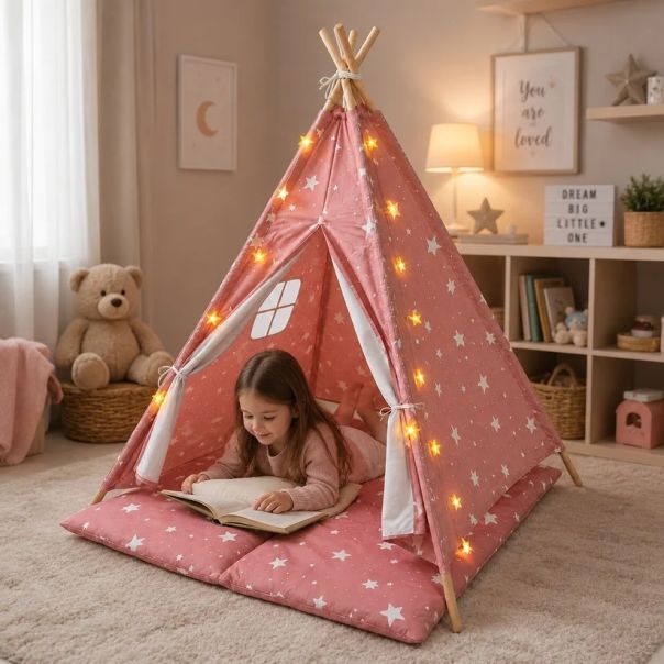 Dečiji pamučni šator KINDER HOME 100% pamuk, sa mekom podlogom za punjenje, jastukom i LED svetlima - EP3305346