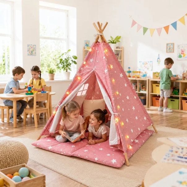 Dečiji pamučni šator KINDER HOME 100% pamuk, sa mekom podlogom za punjenje, jastukom i LED svetlima - EP3305346