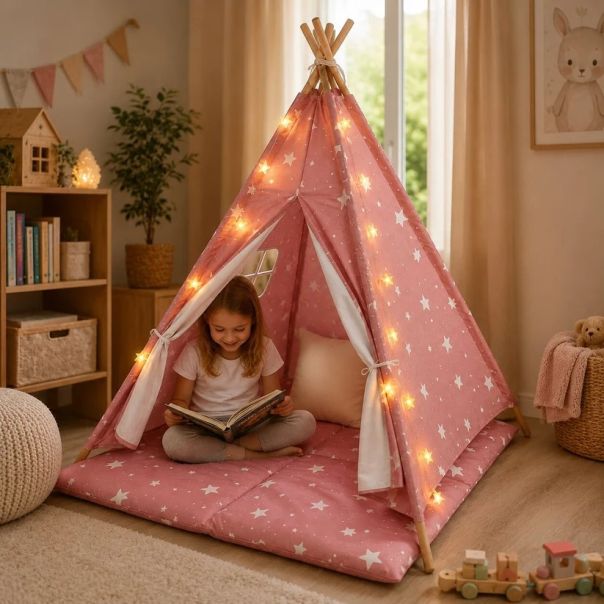 Dečiji pamučni šator KINDER HOME 100% pamuk, sa mekom podlogom za punjenje, jastukom i LED svetlima - EP3305346
