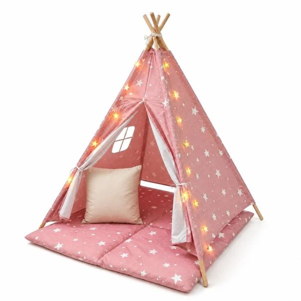 Dečiji pamučni šator KINDER HOME 100% pamuk, sa mekom podlogom za punjenje, jastukom i LED svetlima - EP3305346
