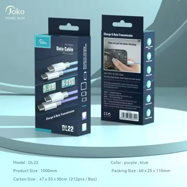 Kabel KONFULON Joko DL22 5A 60W Type-C na Type-C plavi 1m - 613539